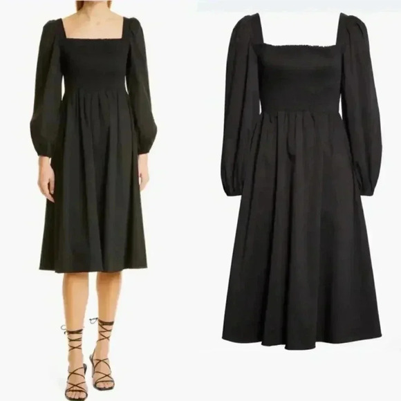 Toccin Dresses & Skirts - NWT TOCCIN XS Black Smocked Bodice Puff Sleeve Babydoll Square Neck Midi-Dress